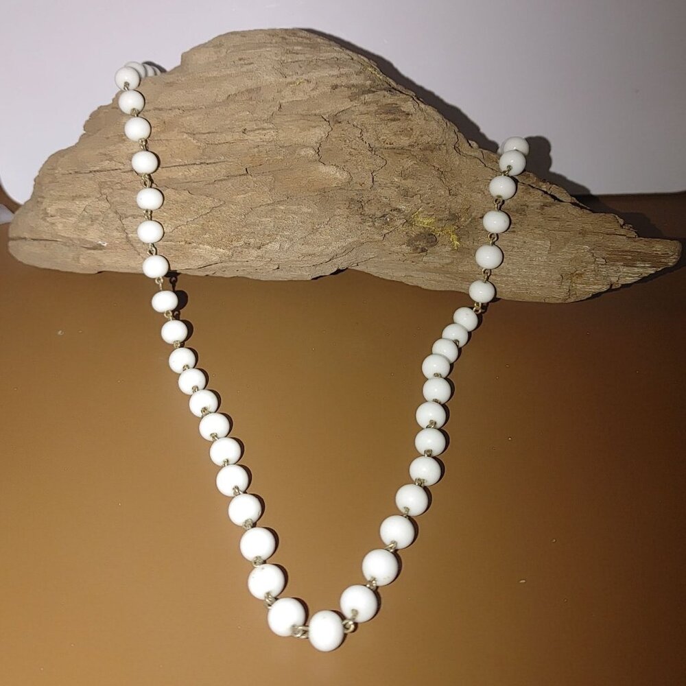 Vintage Smooth  Milk Glass Bead Necklace 36 inch Length Gold Tone Clasp White